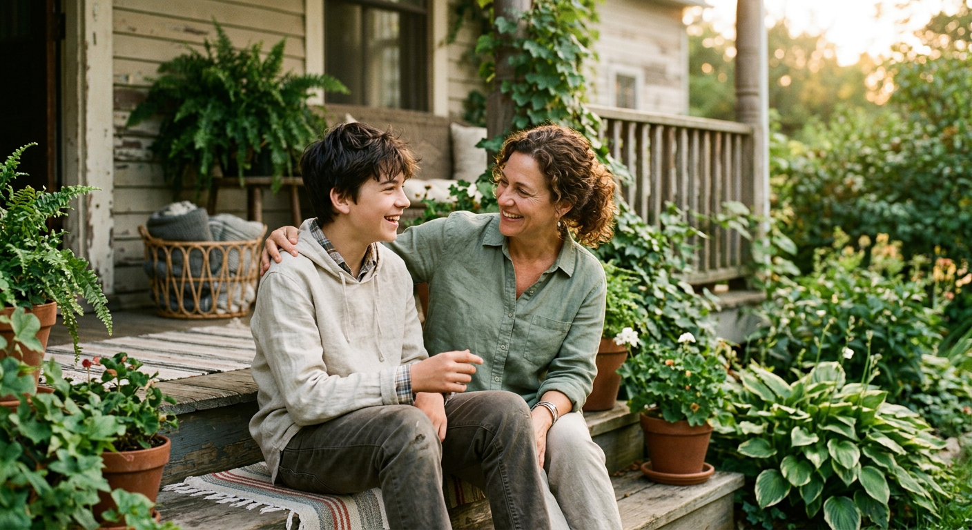 A parent with an arm around their teenager on front porch steps
