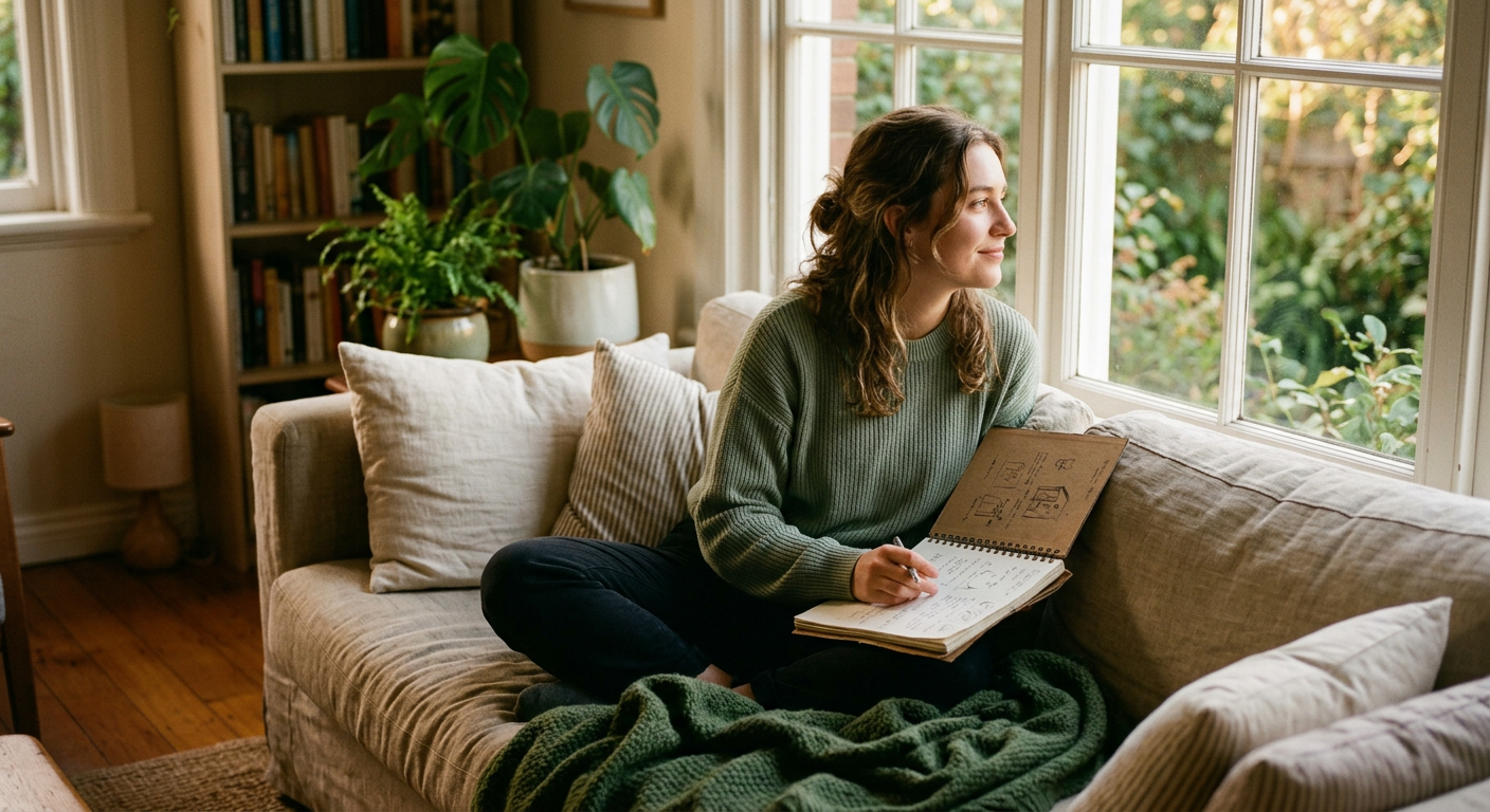 A young adult sitting on a couch with a notebook, looking out the window